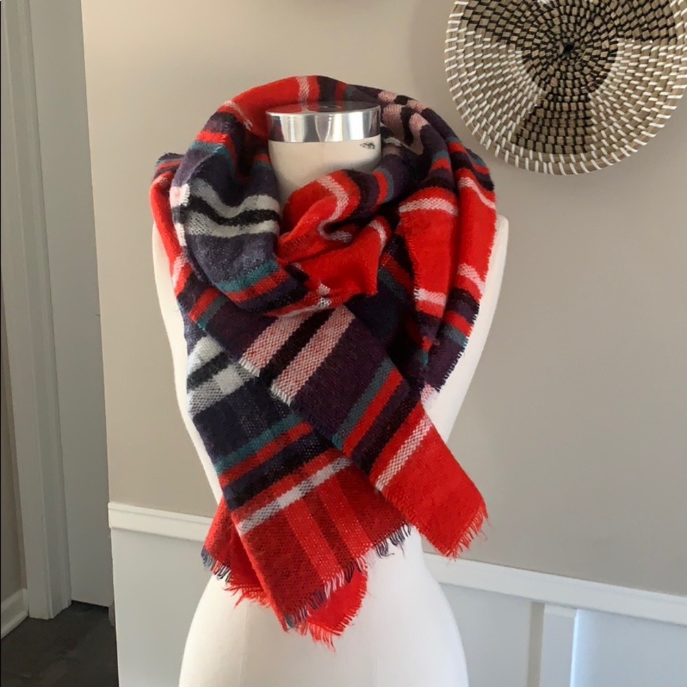 Red and Blue Plaid Long Blanket Scarf